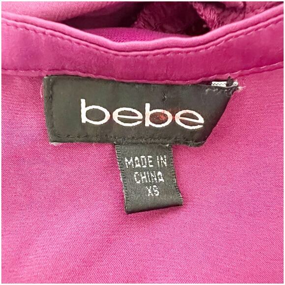 Bebe Y2K Peplum Top Satin Long Sleeve Size XS Fuschia Pink Slit Shoulder Lace - Picture 10 of 11